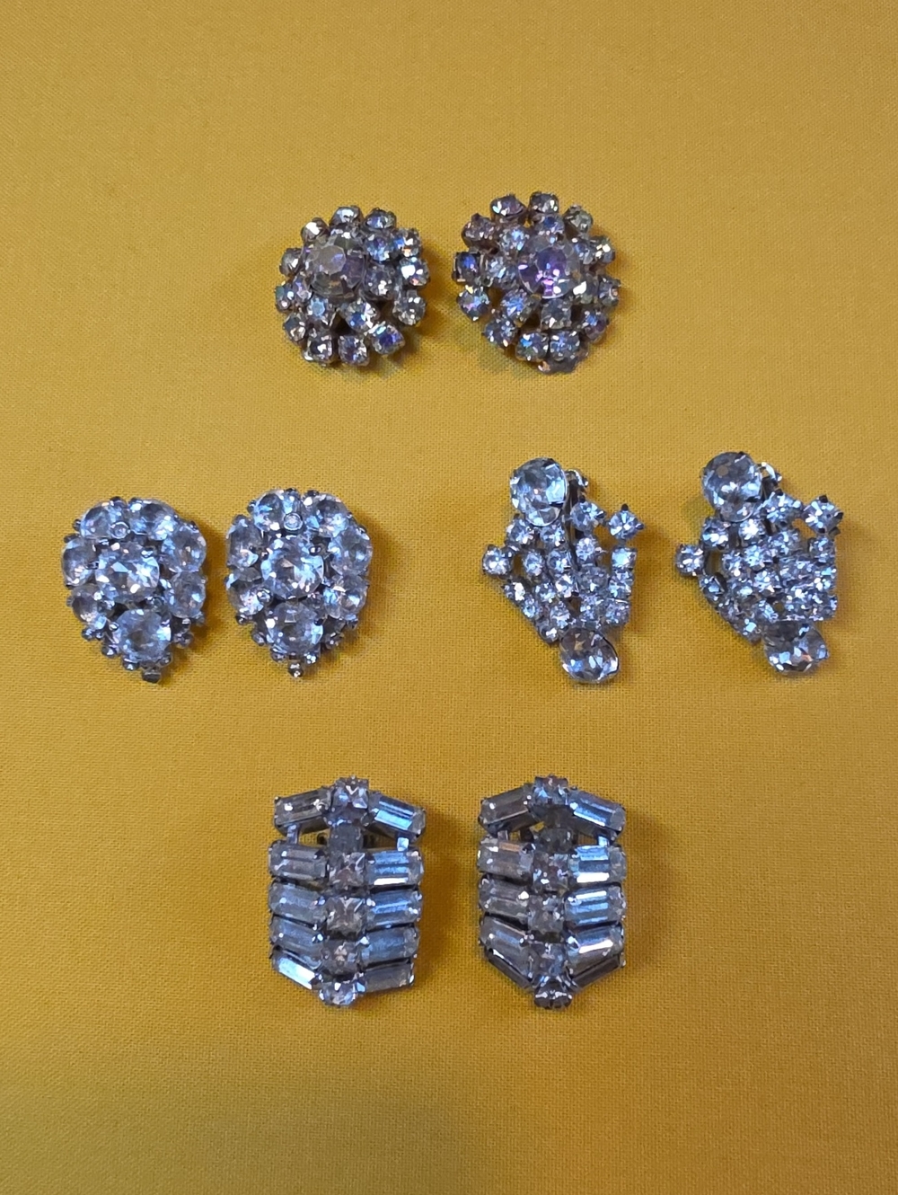 Vtg 1950s Clear Rhinestone Clip-On Earring Lot Of 4 ▪︎ Glam Unsigned Beauties